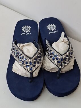 Yellow Box Women's Navy Embellished Thong Sandals